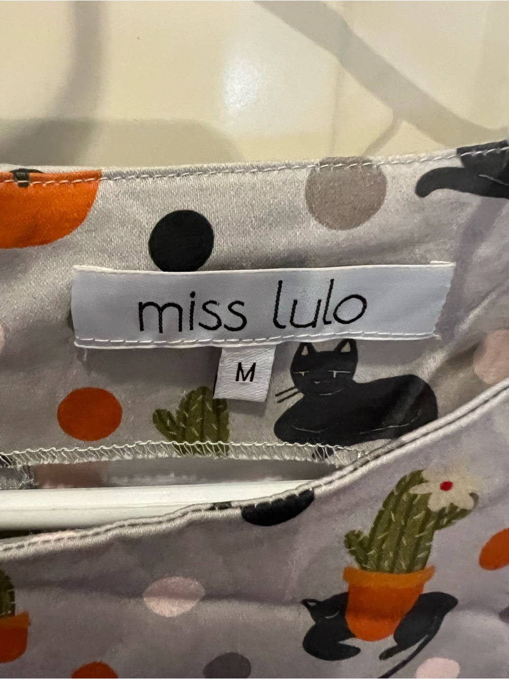 Miss Lulo Women's Gray Cat & Cactus Print Dress - Medium